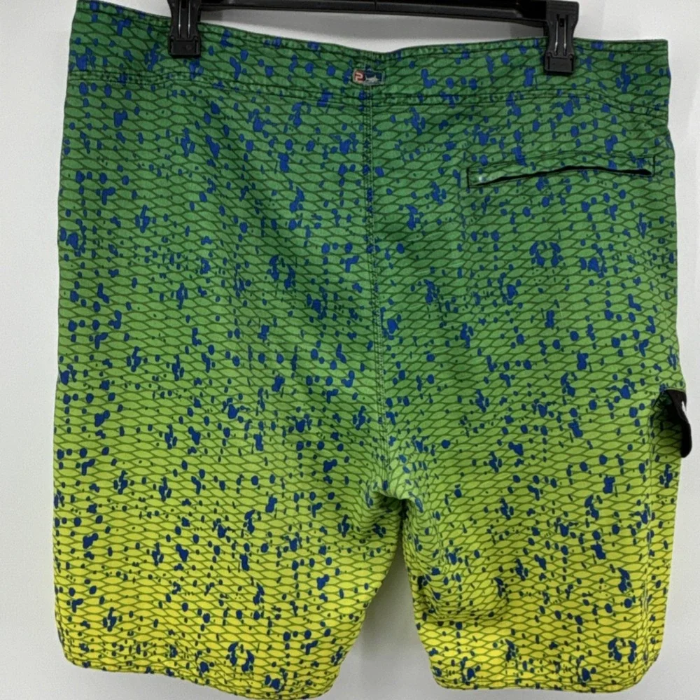 Pelagic Fish Scale Pattern Fishing Board Shorts Green Yellow Blue Athletic 40
